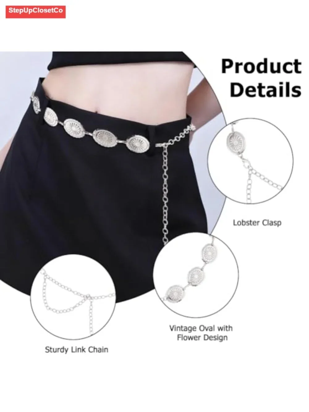 2Pcs Adjustable Waist Chain Belt Alloy Metal Boho Flower Link Waist Chain for